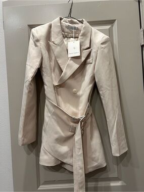 Cream Double-Breasted Belted Blazer